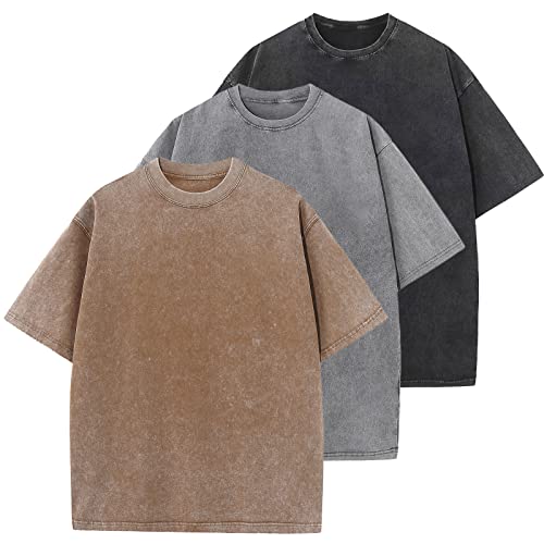Oversized T-Shirt für Herren Heavy Baumwolle Regular Fit Basic Männer T-Shirt Set Casual Sommer Tops(BraunGrauSchwarz L) von HOUZONIY