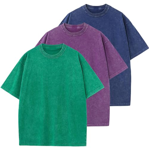 Oversized T-Shirt für Herren Heavy Baumwolle Regular Fit Basic Männer T-Shirt Set Casual Sommer Tops(GrünViolettBlau L) von HOUZONIY