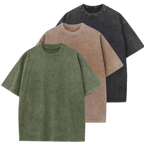 Oversized T-Shirt für Herren Heavy Baumwolle Regular Fit Basic Männer T-Shirt Set Casual Sommer Tops(SchwarzBraunArmeegrün M) von HOUZONIY