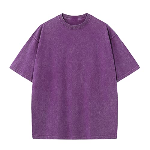 Oversized T-Shirt für Männer, Retro Washed Oberteil Baumwolle Übergröße Unisex Mode Hip Hop Vintage Tshirts(Violett M) von HOUZONIY