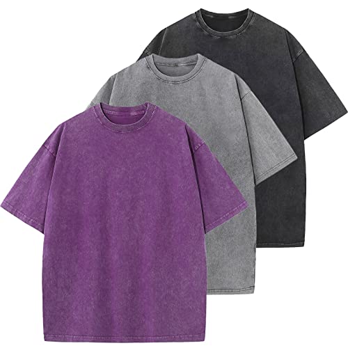 Oversized T-Shirt für Herren Heavy Baumwolle Regular Fit Basic Männer T-Shirt Set Casual Sommer Tops(ViolettGrauSchwarz M) von HOUZONIY