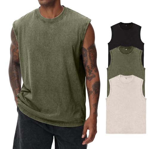 Herren Kurzarm Sommer Ärmelloses Shirt, Männer Fitness ärmellos Weste, Washed Sleeveless t-Shirt, Workout, Fitnessstudio, Baumwolle von HOUZONIY