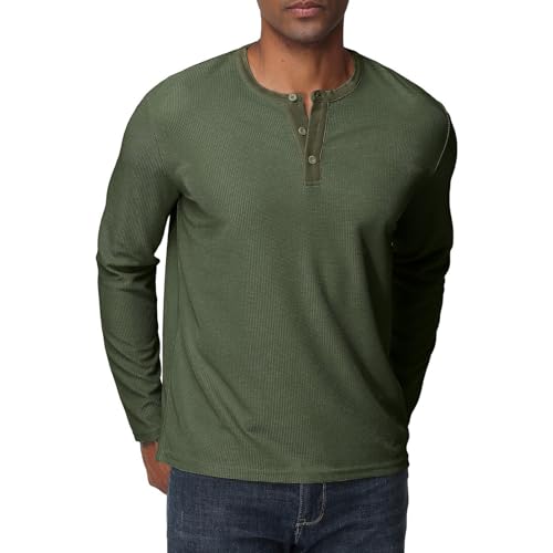 Herren Langarmshirts Henley Shirt Waffel Männer Freizeithemd 3-Knopf Classic Henley T-Shirt mit Rundhals von HOUZONIY