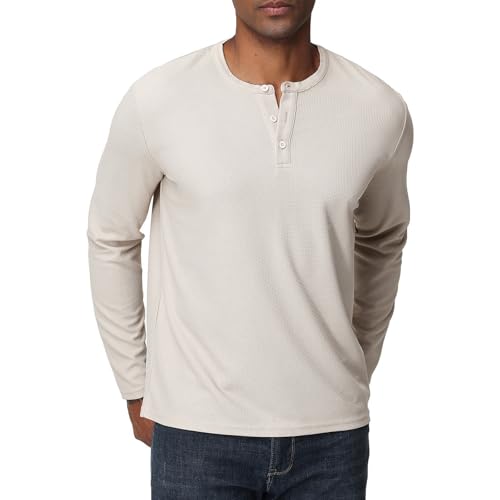 Herren Langarmshirts Henley Shirt Waffel Männer Freizeithemd 3-Knopf Classic Henley T-Shirt mit Rundhals von HOUZONIY