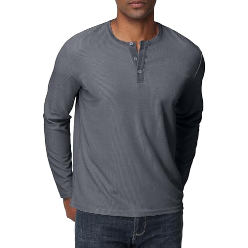 Herren Langarmshirts Henley Shirt Waffel Männer Freizeithemd 3-Knopf Classic Henley T-Shirt mit Rundhals von HOUZONIY