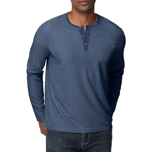 Herren Langarmshirts Henley Shirt Waffel Männer Freizeithemd 3-Knopf Classic Henley T-Shirt mit Rundhals von HOUZONIY