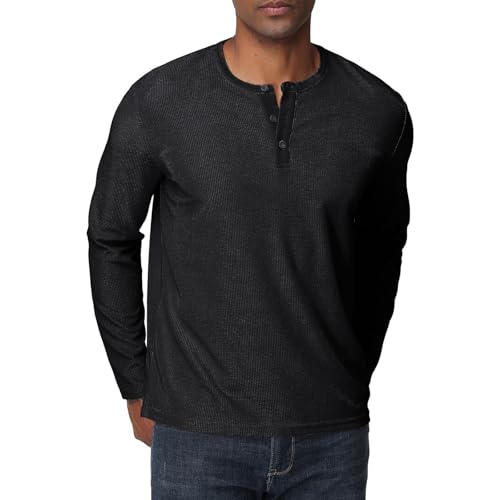 Herren Langarmshirts Henley Shirt Waffel Männer Freizeithemd 3-Knopf Classic Henley T-Shirt mit Rundhals von HOUZONIY