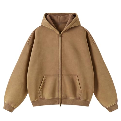 Herren Oversized Basic Zip Hoodie Y13k Hip Hop Kapuzenpullover mit Reißverschluss Lässig Streetwear Sweatjacke Herren mit Kapuze Pullover Jacke(Khaki(Thickened) M) von HOUZONIY