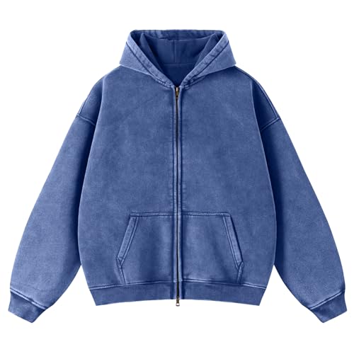 Herren Oversized Basic Zip Hoodie Y28k Hip Hop Kapuzenpullover mit Reißverschluss Lässig Streetwear Sweatjacke Herren mit Kapuze Pullover Jacke(Marineblau(Thickened) M) von HOUZONIY
