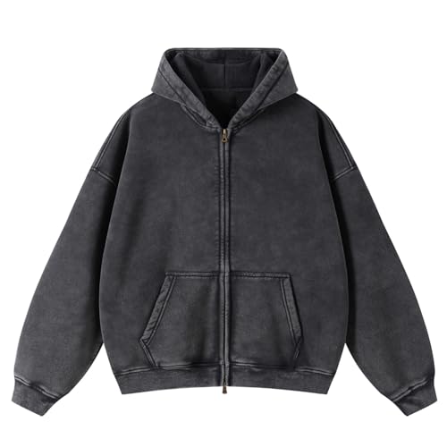 Herren Oversized Basic Zip Hoodie Y29k Hip Hop Kapuzenpullover mit Reißverschluss Lässig Streetwear Sweatjacke Herren mit Kapuze Pullover Jacke(Schwarz(Thickened) L) von HOUZONIY