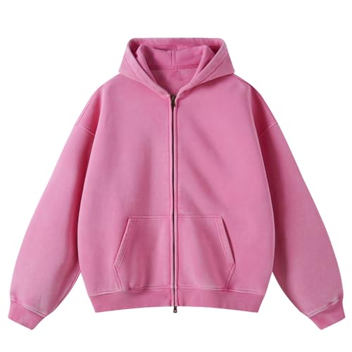 Herren Oversized Basic Zip Hoodie Y4k Hip Hop Kapuzenpullover mit Reißverschluss Lässig Streetwear Sweatjacke Herren mit Kapuze Pullover Jacke(Rosa(Thickened) L) von HOUZONIY