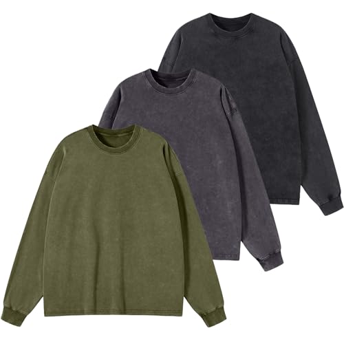 Langarm Shirt Für Herren Longsleeve Basic Tshirt Baumwolle Vintage Oberteil Männer mit Crewneck von HOUZONIY