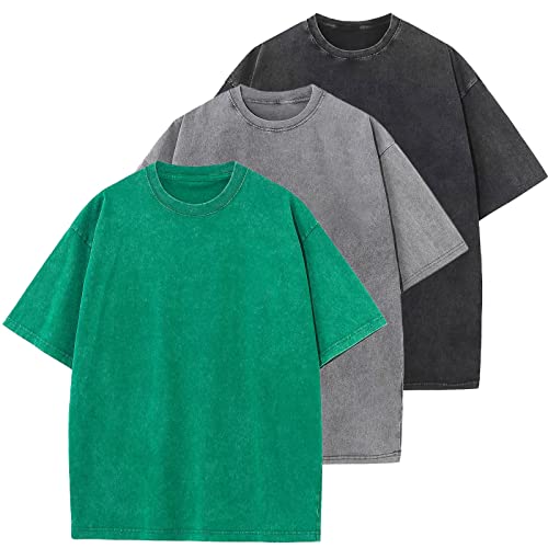 Oversized T-Shirt für Herren Heavy Baumwolle Regular Fit Basic Männer T-Shirt Set Casual Sommer Tops(GrünGrauSchwarz M) von HOUZONIY