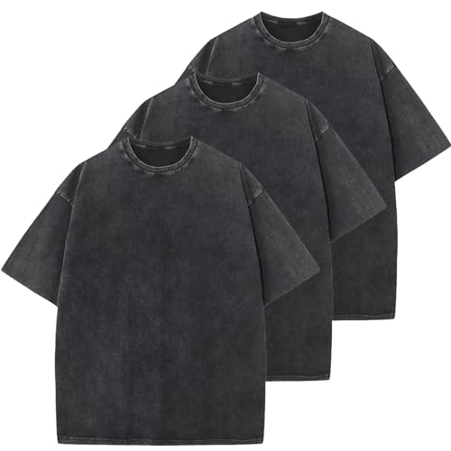 Oversized T-Shirt für Herren Heavy Baumwolle Regular Fit Basic Männer T-Shirt Set Casual Sommer Tops(SchwarzSchwarzSchwarz L) von HOUZONIY