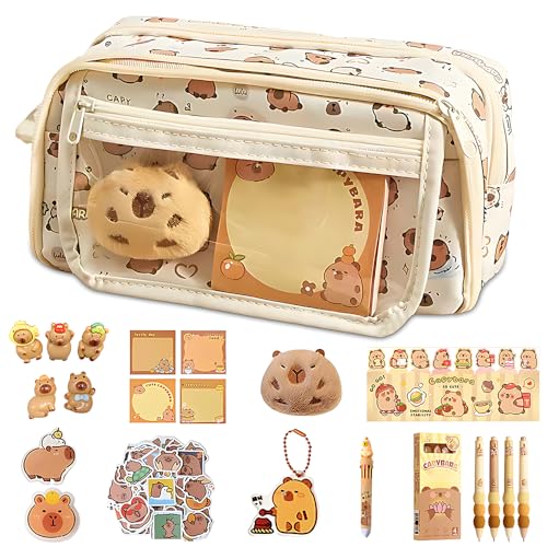 Capybara Federmäppchen mit 9 Fächern, 37 Stück Capybara Schreibwaren Set, Kawaii Capybara Sachen, Capybara Mäppchen mit Stift-Aufklebern-Puppen-Broschen, Süßes Schreibwaren Geschenkset für Kinder von HOVCEH
