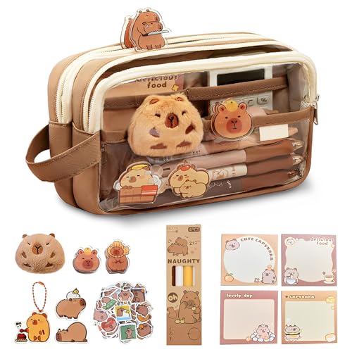 HOVCEH Capybara Federmäppchen, Capybara Schreibwaren-Set, transparentes Capybara süßes Federmäppchen mit Fächern, Kapazität Capybara Bleistiftbeutel, großes Fassungsvermögen, mehrschichtiges von HOVCEH