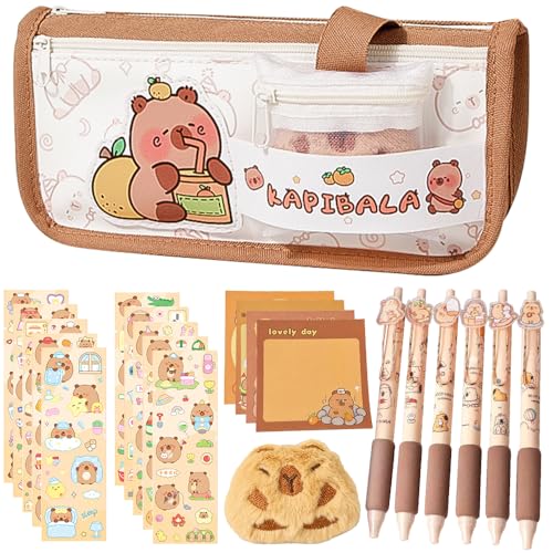 HOVCEH Capybara Federmäppchen, Kawaii Federmäppchen mit Fächern, Capybara Schreibwaren Set, Capybara Mäppchen mit AufkleberStifte, Capybara Sachen Süßes Schreibwaren Geschenkset für Kinder von HOVCEH