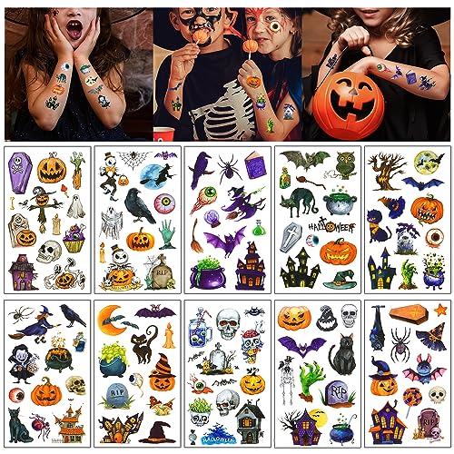 HOWAF 10 Blatt Halloween Tattoo Kinder, Halloween Tattoos Halloween Tattoo Aufkleber Halloween Temporäre Tattoo Halloween Kindertattoos für Halloween Deko Halloween Mitgebsel Kinder Jungen Mädchen von HOWAF