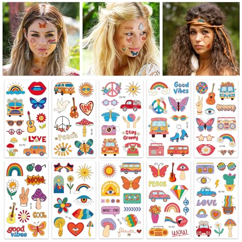 HOWAF 10 Blätter Hippie Tattoos Autoaufkleber Blumen Aufkleber Hippie Tattoo Gesicht Temporäre Tattoos Erwachsene Kinder Flower Power Retro Fake Tattoos Stickers für Hippie Accessoires Hippie Deko von HOWAF