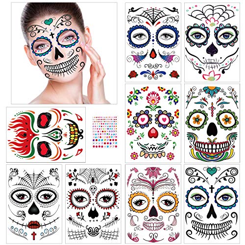 HOWAF 10 Stücke Halloween Tattoo Gesicht Tag der Toten Gesicht temporäre tattoos Skelett Totenkopf Gesichtstattoo Aufkleber für Herren Damen Halloween dia de los muertos kostüm Tag der toten Schminke von HOWAF