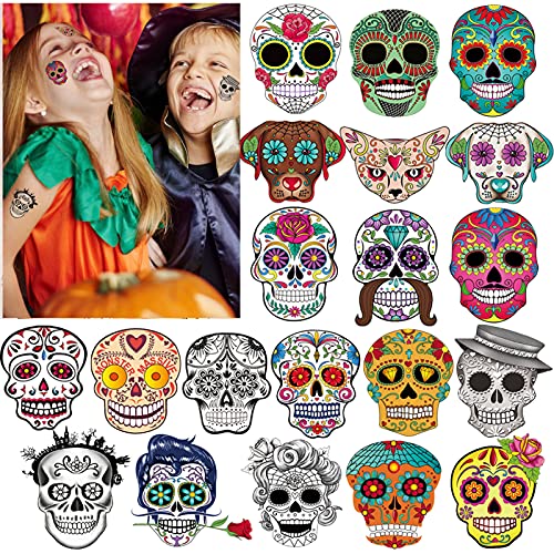 HOWAF Halloween Tattoo Kinder, Tag der Toten Temporäre Tattoos Set, 100 Stück Hautfreundlich Kindertattoos Totenkopf Aufkleber für Mädchen Junge Halloween Party Kindergeburtstag Mitgebsel von HOWAF