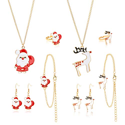HOWAF 10pcs Weihnachten Schmuck Sets für Kinder Mädchen, Weihnachten Halskette Armbänder Ringe Ohrringe Anhänger Zierschmuck zum Mädchen Weihnachten Adventskalender Geschenk Dekoration Zubehör von HOWAF