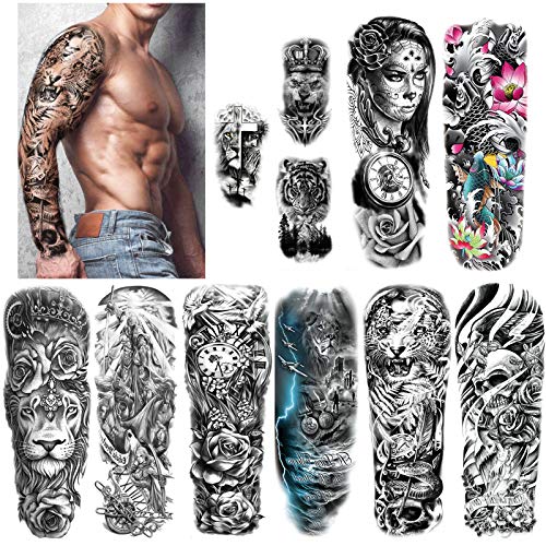 HOWAF 11 Blätter Full Arm Temporäre Tattoos - Extra Groß Vollarm Tattoo Wasserdicht Schwarz Klebe Aufkleber Für Erwachsene Männer Herren Frauen von HOWAF