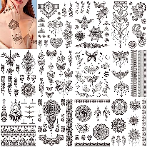 HOWAF 11 Blätter Schwarz Henna Tattoos Frauen Mädchen, Henna Temporäre Tattoos Indische Spitze Schmetterling Tribal Mandala Tattoo Stickers Wasserdicht Tattoo Aufkleber Fake Tattoos Festival Tattoos von HOWAF