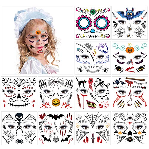 HOWAF 12 Blatt Halloween Tattoos Gesicht Kindertattoos Aufkleber Gruselige Motive mit Spinnen Skelett Fledermaus, für Kinder Halloween Deko Karneval Kostüm Party Mottoparty Maskerade von HOWAF