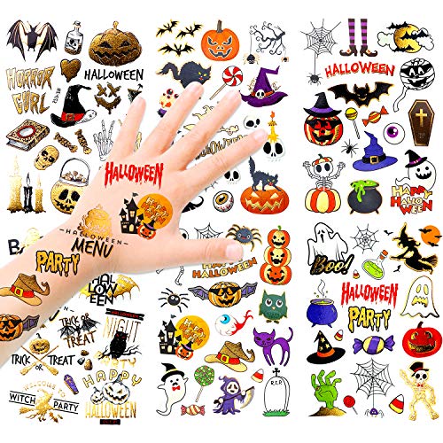 HOWAF 120+ Glitzer Halloween Temporäre Tattoos für Kinder Körperkunst, Metallic Temporäre Tätowierungen für Halloween Kinder Kostüm Zubehör Gastgeschenke, Skelett Totenkopf Hexen Kürbis Spinne Geist von HOWAF