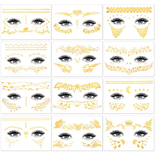 HOWAF 12 Stuck Festival Glitzer Gesicht Sticker, Metallic Flash Tattoo Glitzer Tattoo Goldene Freckles Klebe Tattoo Aufkleber fur Frauen Madchen Augen Gesicht Karneval Fasching Party Shows Make-Up von HOWAF