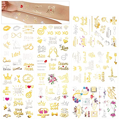 HOWAF 134 Stück Junggesellinnenabschied Tattoo Set, Gold JGA Tattoo Bride Team Braut Hochzeit temporäre Tattoos Junggesellinnenabschied Accessoires Dekorationen/Deko von HOWAF