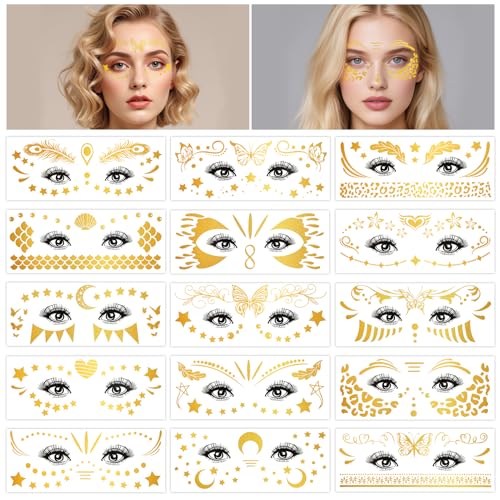HOWAF 15 Blatt Glitzer Tattoo Gesicht, Gesichtstattoo Glitzer Karneval Face Sticker Temporäre Tattoos Gold für Karneval Kostüm Fasching Damen von HOWAF