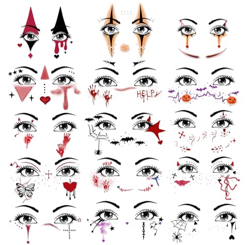 HOWAF 15 Bogen Halloween Tattoo Gesicht, Clown Tattoo Gesicht Blutige Narben Temporäre Tattoos Gesichtstattoo Karneval Face Tattoo für Halloween Clown Kostüm, Karneval Fasching Kostüm von HOWAF