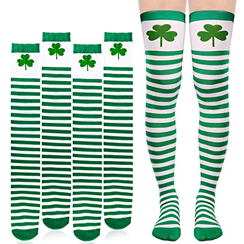 HOWAF 3 Paar St. Patricks Day Kniestrümpfe Kleeblatt deko Grün/Weiß Ringel Overknee Socken Mädchen Damen St. Patrick's Day Kostüm Karneval Zubehör von HOWAF