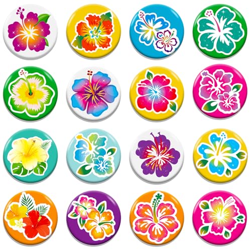 HOWAF 32 Hawaii Buttons Hibiskusblüten Buttons Anstecker Pin, Hawaiian Pins Anstecker Mitgebsel Gastgeschenk Kindergeburtstag Armbänder Hawaii deko Geschenke für Kinder Erwachsene Beach Sommer Party von HOWAF