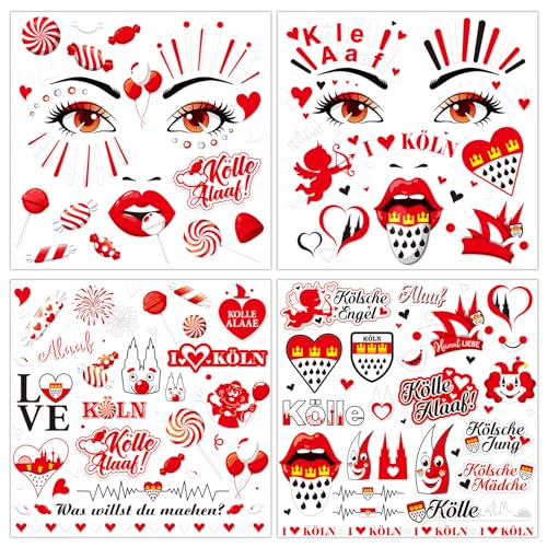 HOWAF 4 Bogen Gesichtstattoo Karneval Köln Accessoires, Face Tattoo Kölle Alaaf, Köln Tattoos Karneval Aufkleber Gesicht Karneval für Karneval Kostüm Köln, Fasching Kostüm, Rot Weiss von HOWAF