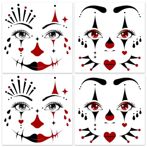 HOWAF 4 Bogen Gesichtstattoo Pantomime Temporäre Tattoos, Face Tattoo Pantomime Clown Gesichtstattoo Karneval, Gesichtstattoo Halloween Aufkleber Gesicht für Pantomime Kostüm, Fasching Karneval Kostüm von HOWAF