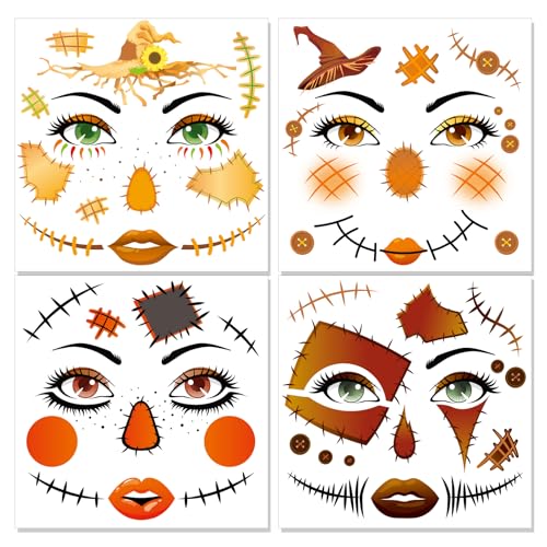 HOWAF 4 Bogen Gesichtstattoo Vogelscheuche Tattoos Face Tattoo, Gesichtstattoo Karneval Halloween Tattoo Gesicht Temporäre Tattoos für Halloween Vogelscheuche Kostüm, Karneval Fasching Kostüm von HOWAF