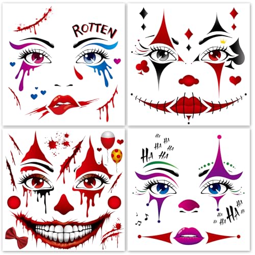 HOWAF 4 Bogen Halloween Tattoo Gesicht, Clown Tattoo Gesicht Blutige Narben Temporäre Tattoos Gesichtstattoo Karneval Face Tattoo für Halloween Horror Clown Kostüm, Karneval Fasching Kostüm von HOWAF