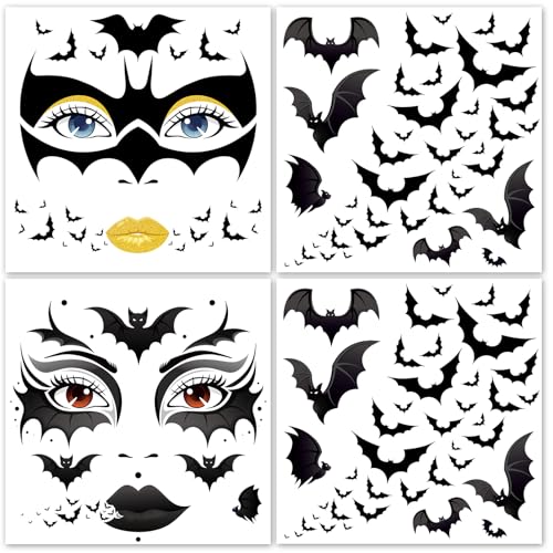 HOWAF 4 Bogen Halloween Tattoo Gesicht, Fledermaus Tattoo Gesicht Fledermaus Temporäre Tattoos Gesichtstattoo Karneval Face Tattoo für Halloween Kostüm, Karneval Fasching Kostüm von HOWAF