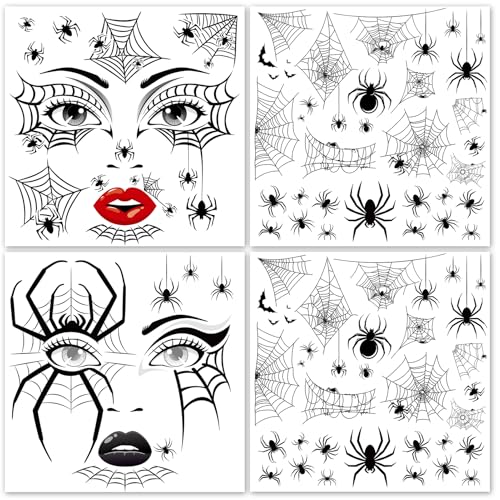 HOWAF 4 Bogen Halloween Tattoo Gesicht, Spinnen Tattoo Gesicht Spinnennetz Temporäre Tattoos Gesichtstattoo Karneval Face Tattoo für Halloween Spinnen Kostüm, Karneval Fasching Kostüm von HOWAF