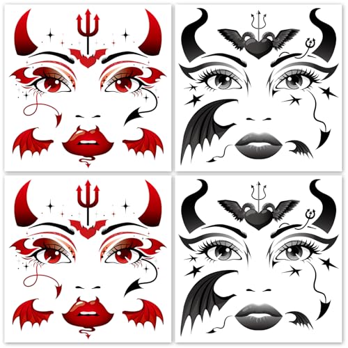 HOWAF 4 Bogen Halloween Tattoo Gesicht, Teufel Tattoo Gesicht Devil Temporäre Tattoos Gesichtstattoo Karneval Face Tattoo für Halloween Teufel kostüm, Karneval Fasching Kostüm von HOWAF