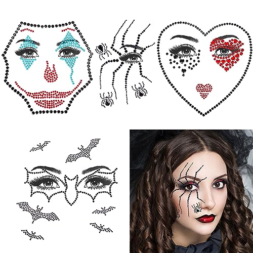 HOWAF 4 Halloween Tattoo Gesicht Edelsteine, Halloween Aufkleber Gesicht Glitzersteine Halloween Strass Temporäre Tattoos Halloween Gesichtstattoo Makeup für Hallowee Kostüm Karneval Fasching Kostüm von HOWAF