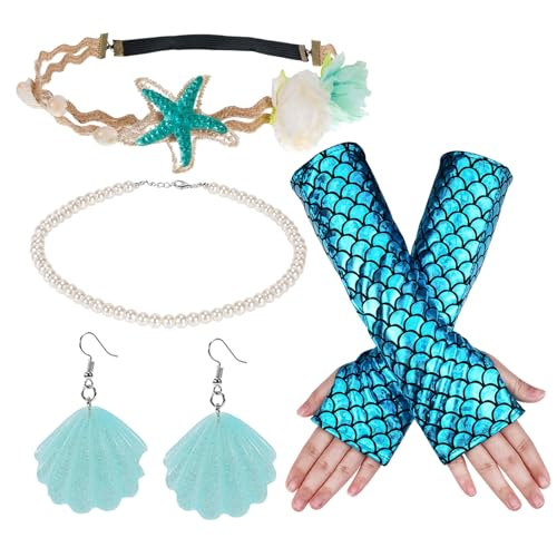 HOWAF 4 Meerjungfrau Kostüm Accessoires, Meerjungfrau Haarreif Haarschmuck, Handschuhe, Muschel Ohrringe, Perlenkette für Fisch Mermaid Halloween Fasching Karneval Kostüm Cosplay Accessories von HOWAF