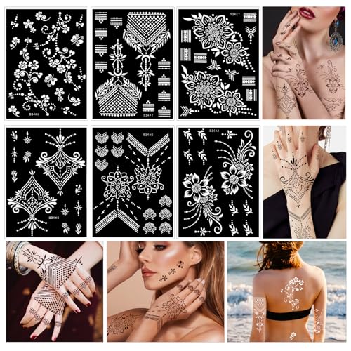 HOWAF 6 Blatt Henna Tattoo Schablonen, Glitter Tattoos Schablonen Temporäre Tattoo Schablonen Wiederverwendbar Hand Tattoo Aufkleber Blume Feder Mandala Schablonen für Frau Kinder Mädchen von HOWAF