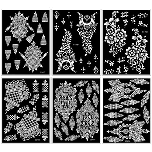 HOWAF 6 Blatt Henna Tattoo Schablonen, Temporäre Tattoo Schablonen Glitter Tattoos Schablonen Wiederverwendbar Hand Tattoo Aufkleber Blume Feder Mandala Schablonen für Frau Kinder Mädchen von HOWAF