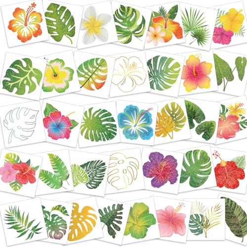 HOWAF 72 Palmenblätter Temporäre Tattoos Hibiskusblüten Tattoo, Glitzer Hibiskus Blumen Aufkleber Fake Tattoo Sticker Tattoos Erwachsene für Hawaii Deko Hawaii Party Deko Mitgebsel Kindergeburtstag von HOWAF
