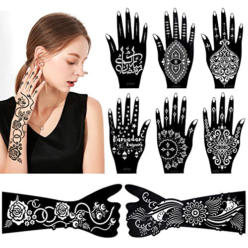 HOWAF 8 Blatt Schwarz Tattoo Schablonen für Hand Arm Körperbemalung, Temporäres Tätowierung Mandala Blume indischer Araber Tattoos Aufkleber Schablonen für Mädchen Erwachsener Make-up Halloween von HOWAF