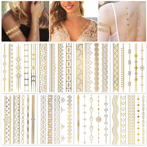 HOWAF 8 Blätter Gold Temporäre Tattoos Metallic, Glitzer Goldene Fake Tattoos Stickers Flash Tattoo Gold Wasserdicht Gold Tattoo Aufkleber Klebetattoos Erwachsene Festival Tattoos Frauen Mädchen von HOWAF